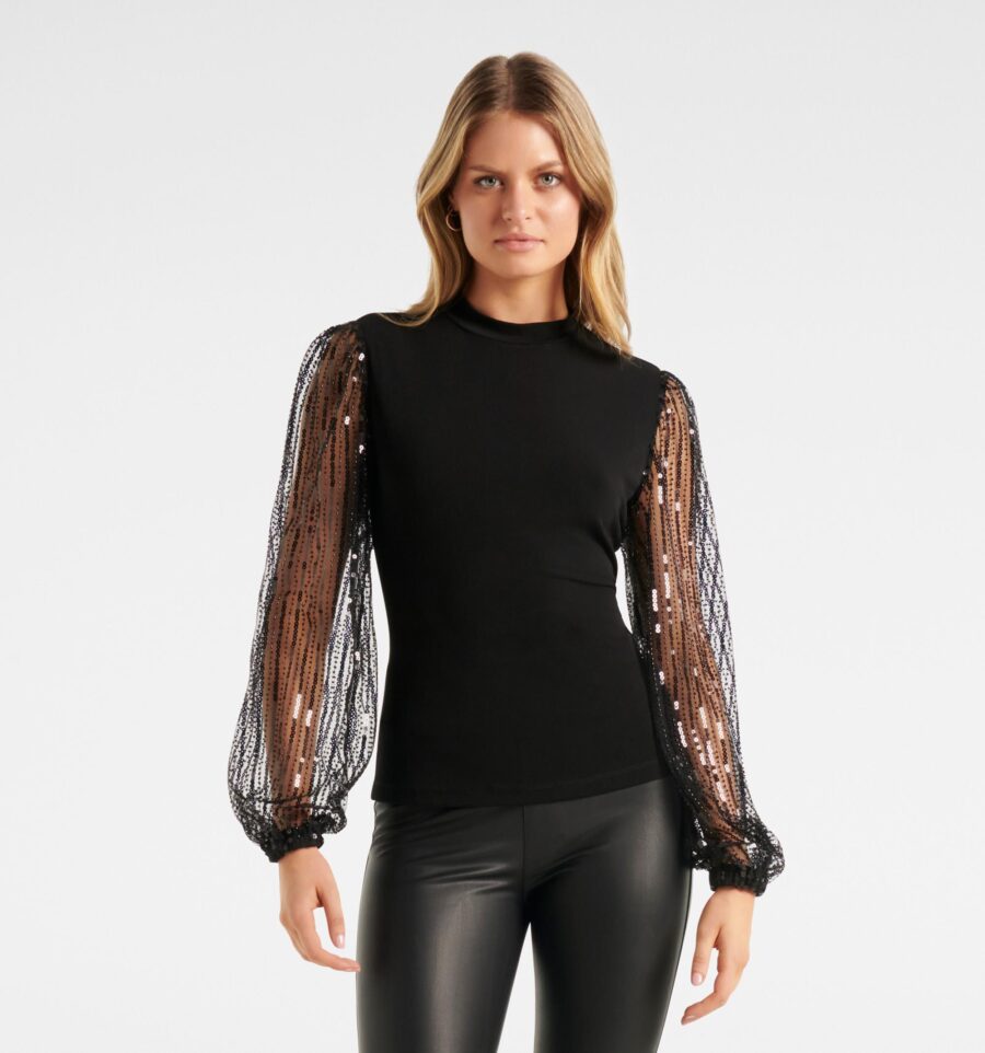 Kianna Sequin Sleeve High Neck