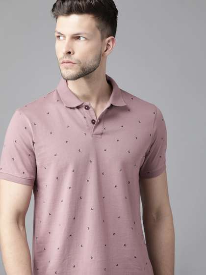 Roadster Men Mauve  Black Pure Cotton Printed Polo