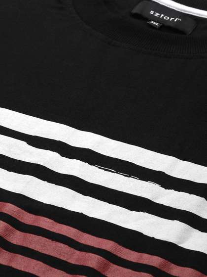 Sztori Plus Size Men Black  White Striped Round Ne