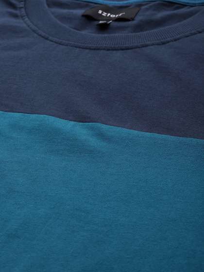 Sztori Plus Size Men Blue Colourblocked Round Neck