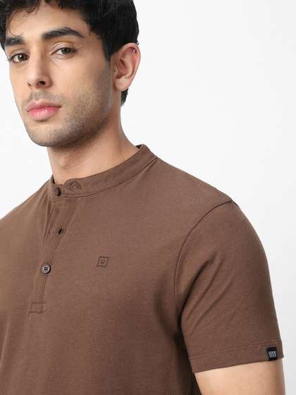Urbano Fashion Mens Cocoa Brown Solid Mandarin Col